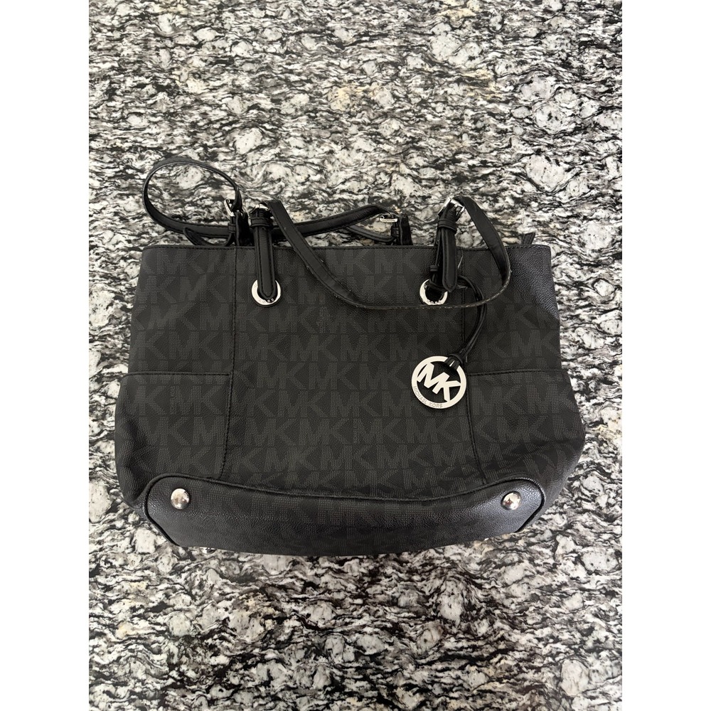 Michael Kors Jet Set Tote Bag Womens Medium Black Logo Jacquard Silver Tone